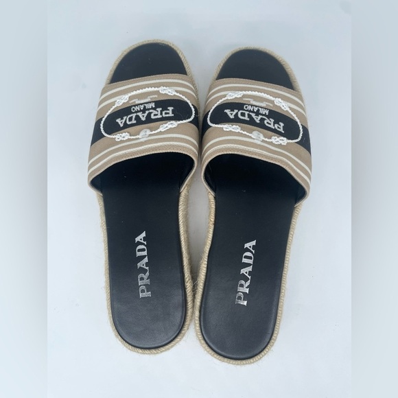 Prada Black Beige Embroidered stripe Corda platform slide espadrille EU 39.5 - Picture 5 of 6